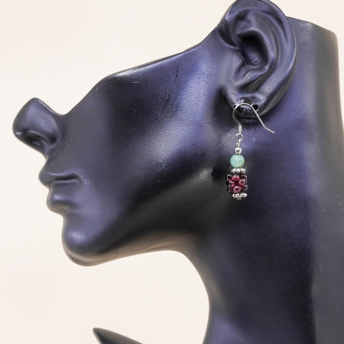 Vintage Sterling silver handmade earrings, 925 hooks with prehnite garnet beads