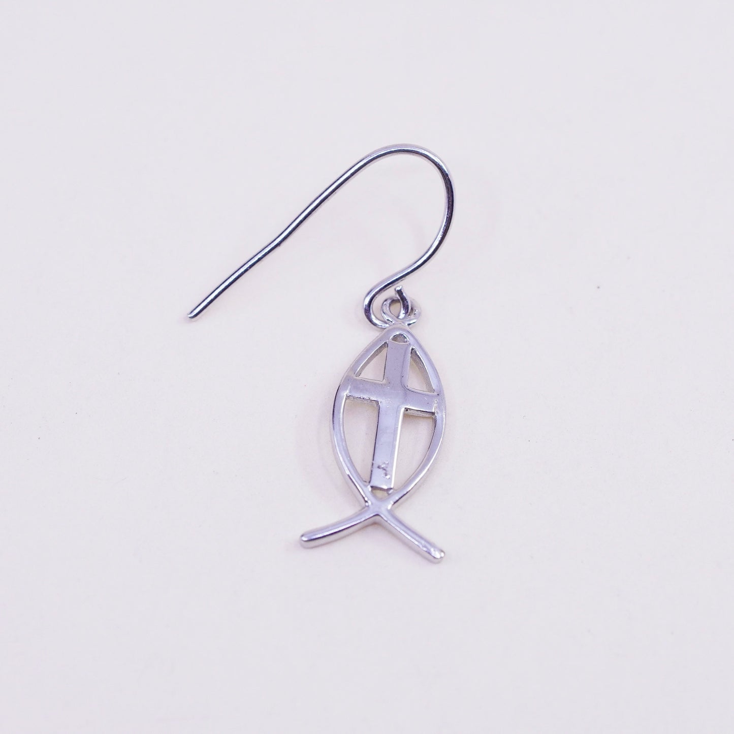 Vintage sterling silver handmade modern earrings, 925 fish with cross