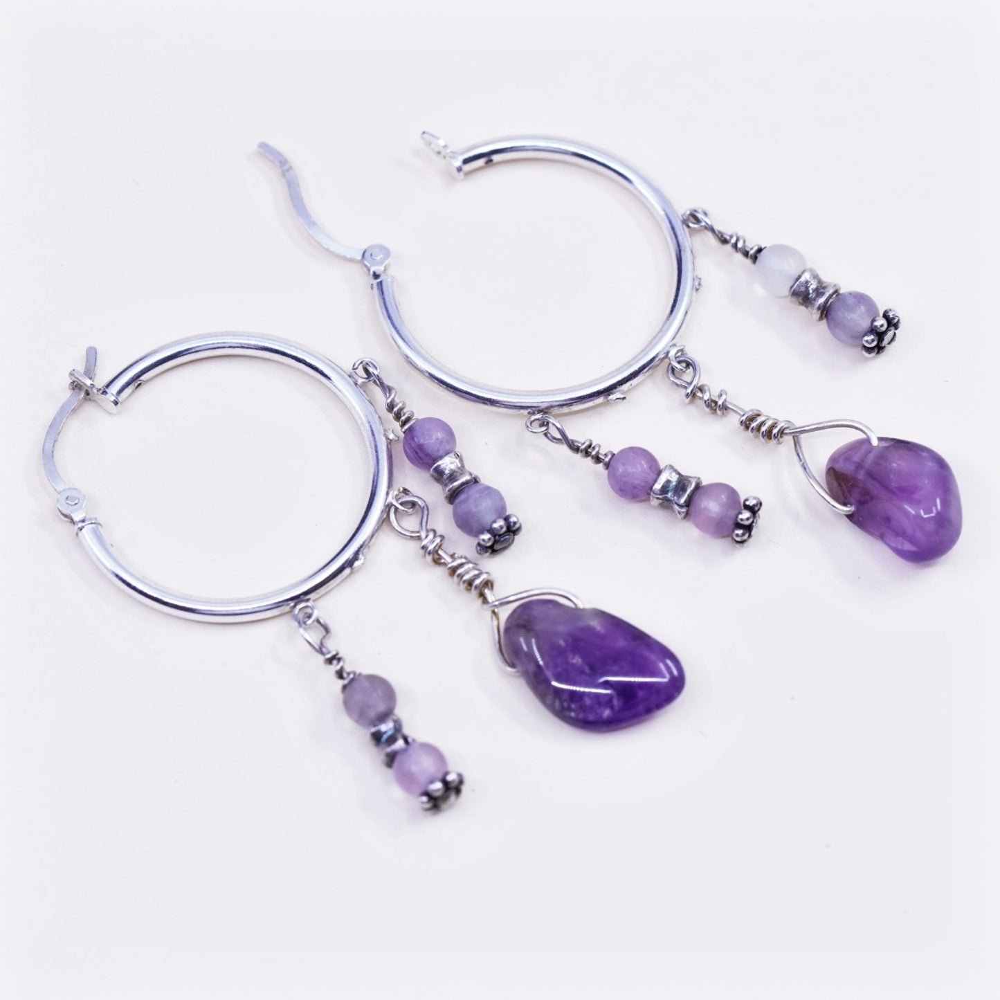 Vintage sterling silver handmade earrings, 925 hoops with amethyst