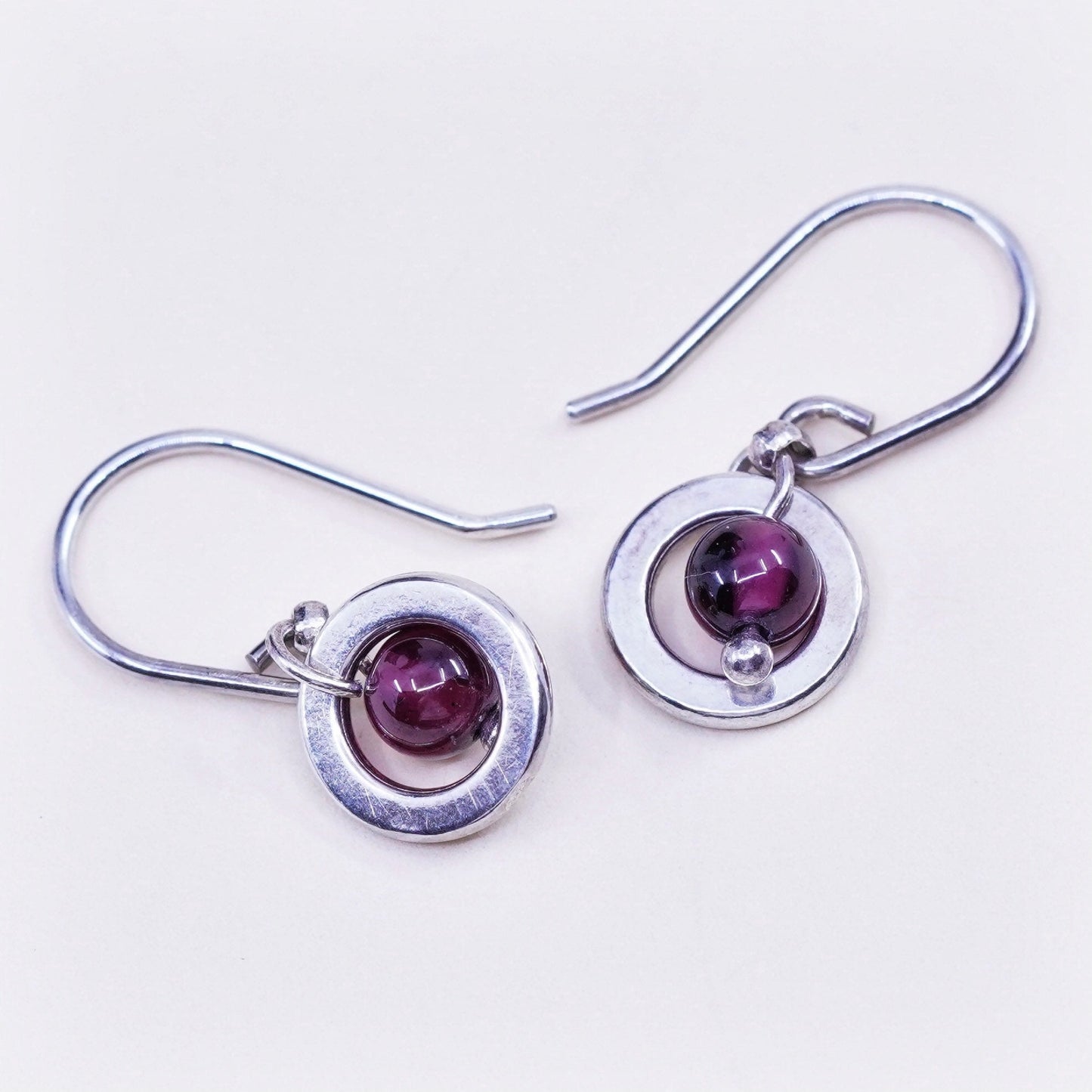 Vintage Sterling silver handmade earrings, 925 circle with garnet beads