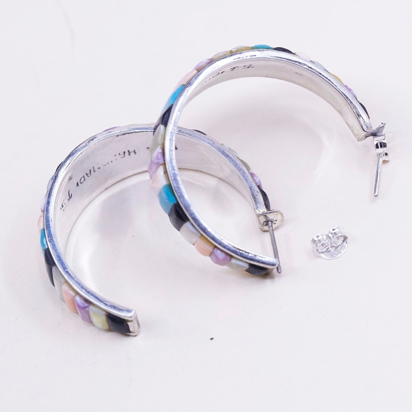 1.5”, vtg handmade earrings. TS Navajo Sterling 925 Silver Huggie studs