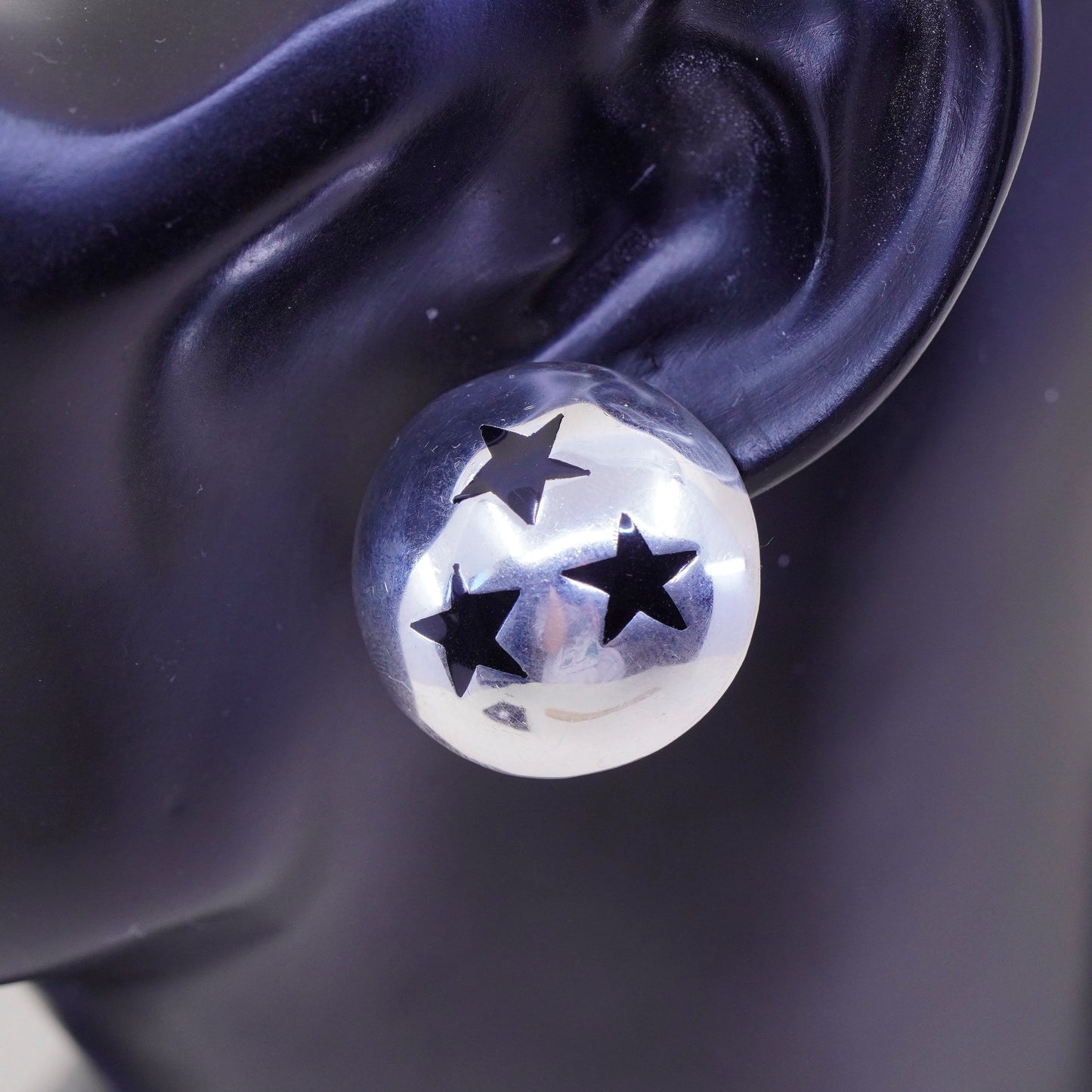 Sterling silver handmade earrings, Mexico 925 studs with black enamel stars