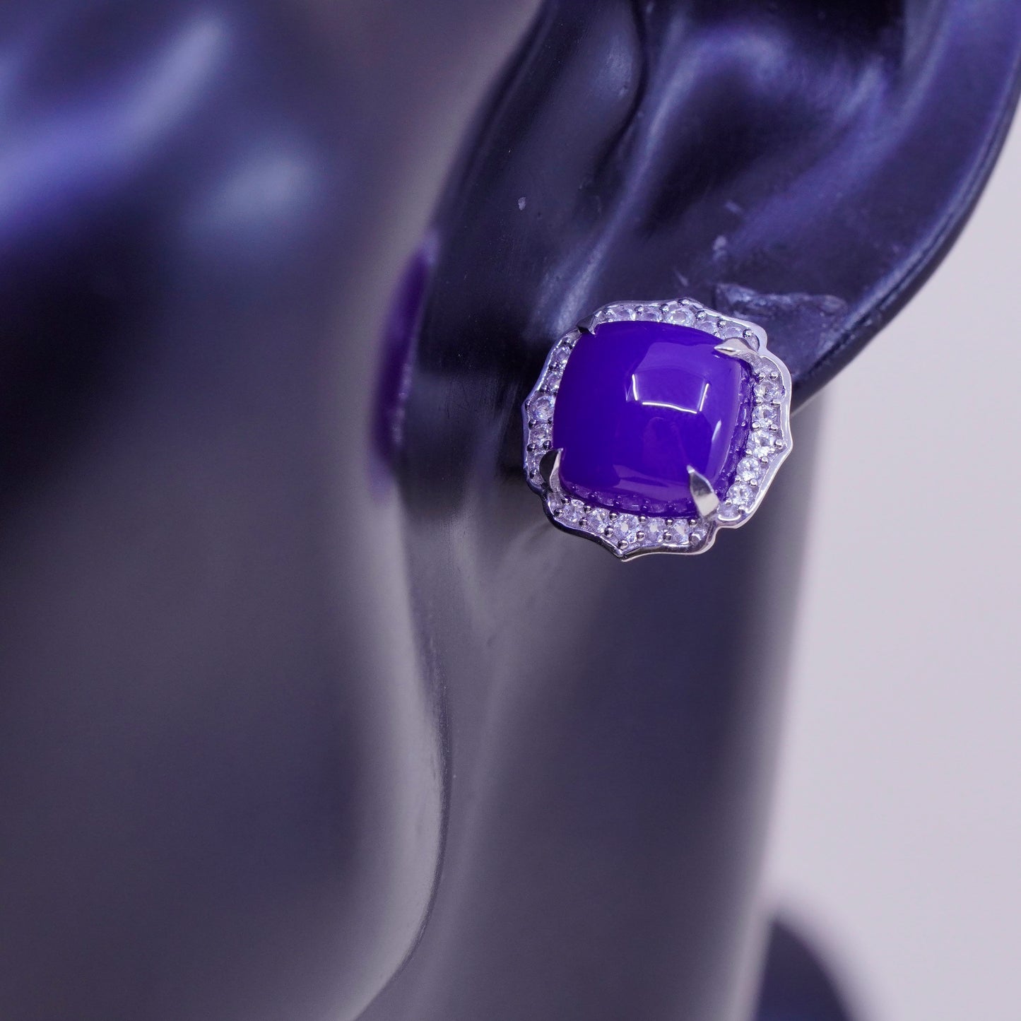 Vintage sterling silver handmade earrings, 925 studs with amethyst and diamond