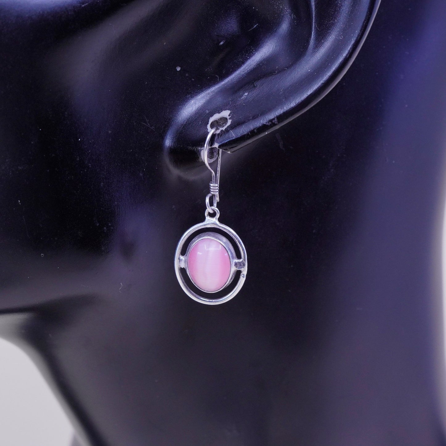 Vintage Sterling 925 silver handmade earrings with pink cats eye beads