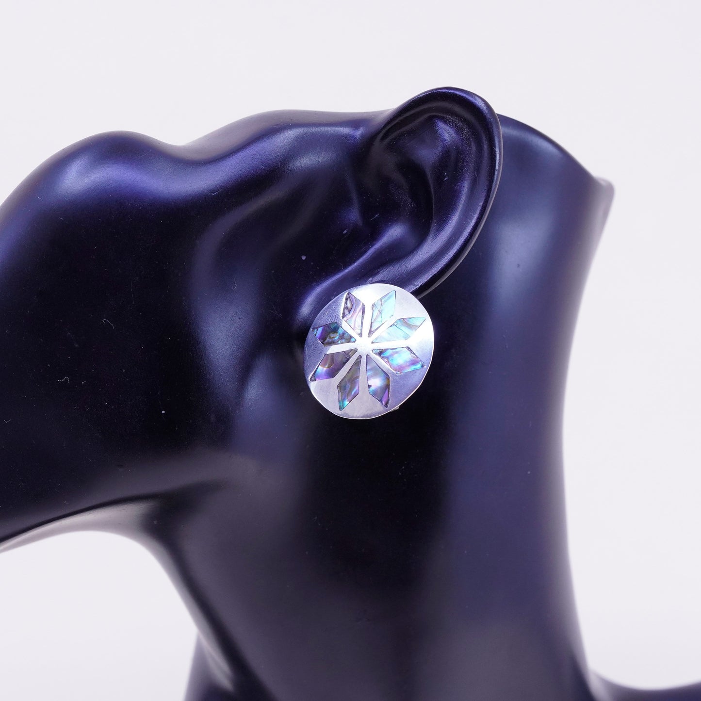 Mexico Sterling silver handmade earrings, 925 screw back flower with abalone