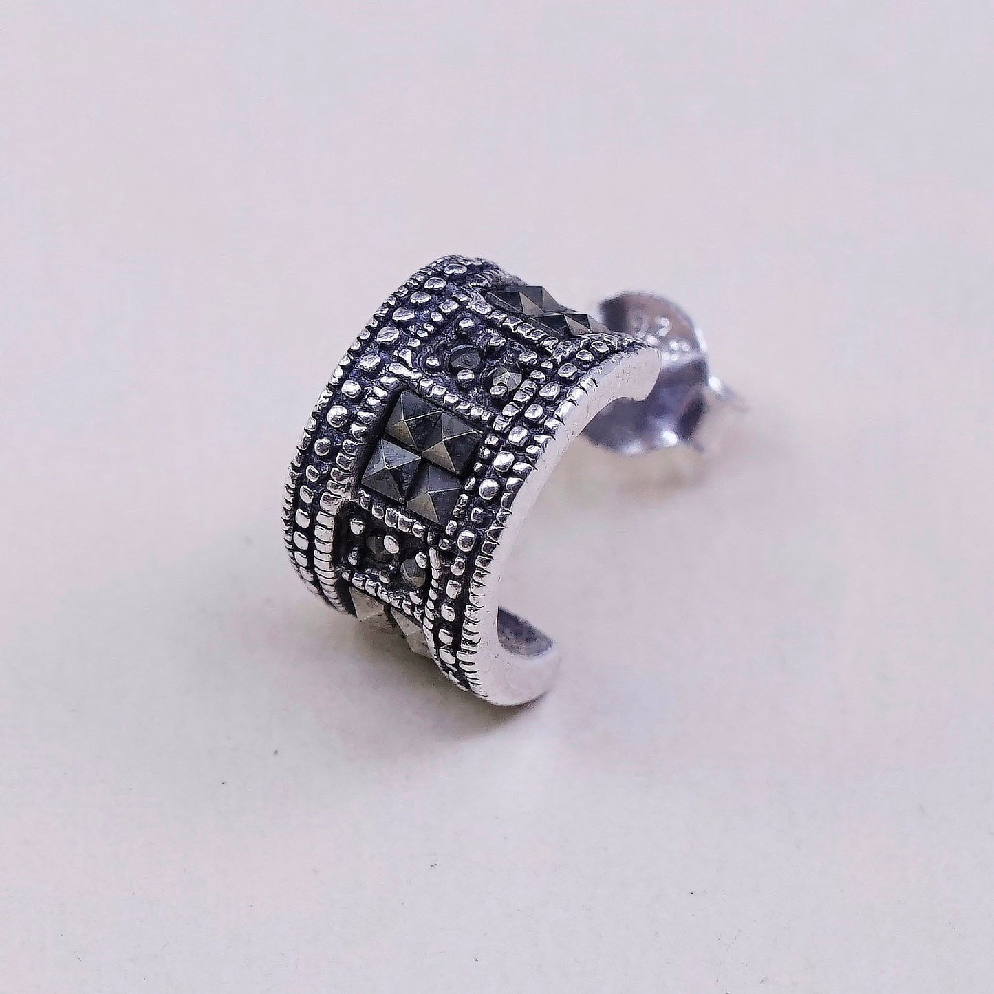 vtg Sterling silver handmade earrings, 925 Huggie studs w/ marcasite