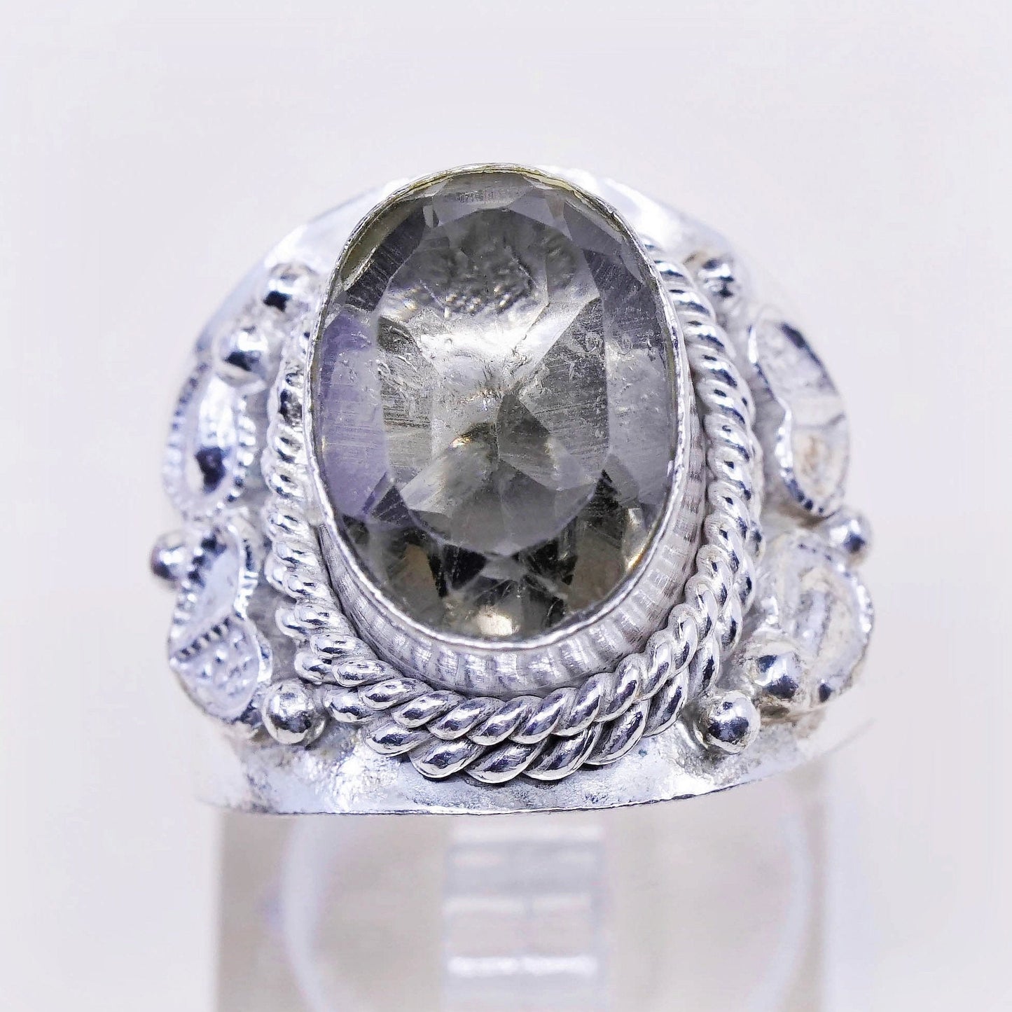 Size 9, vtg sterling 925 silver handmade statement ring w/ smoky topaz N cable