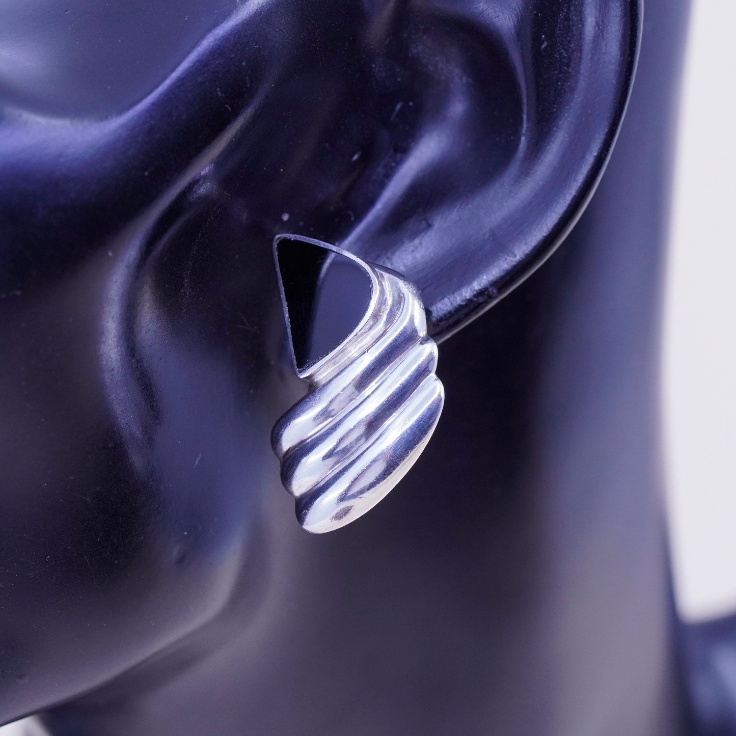Vintage Sterling silver handmade earrings, Mexico 925 studs with onyx
