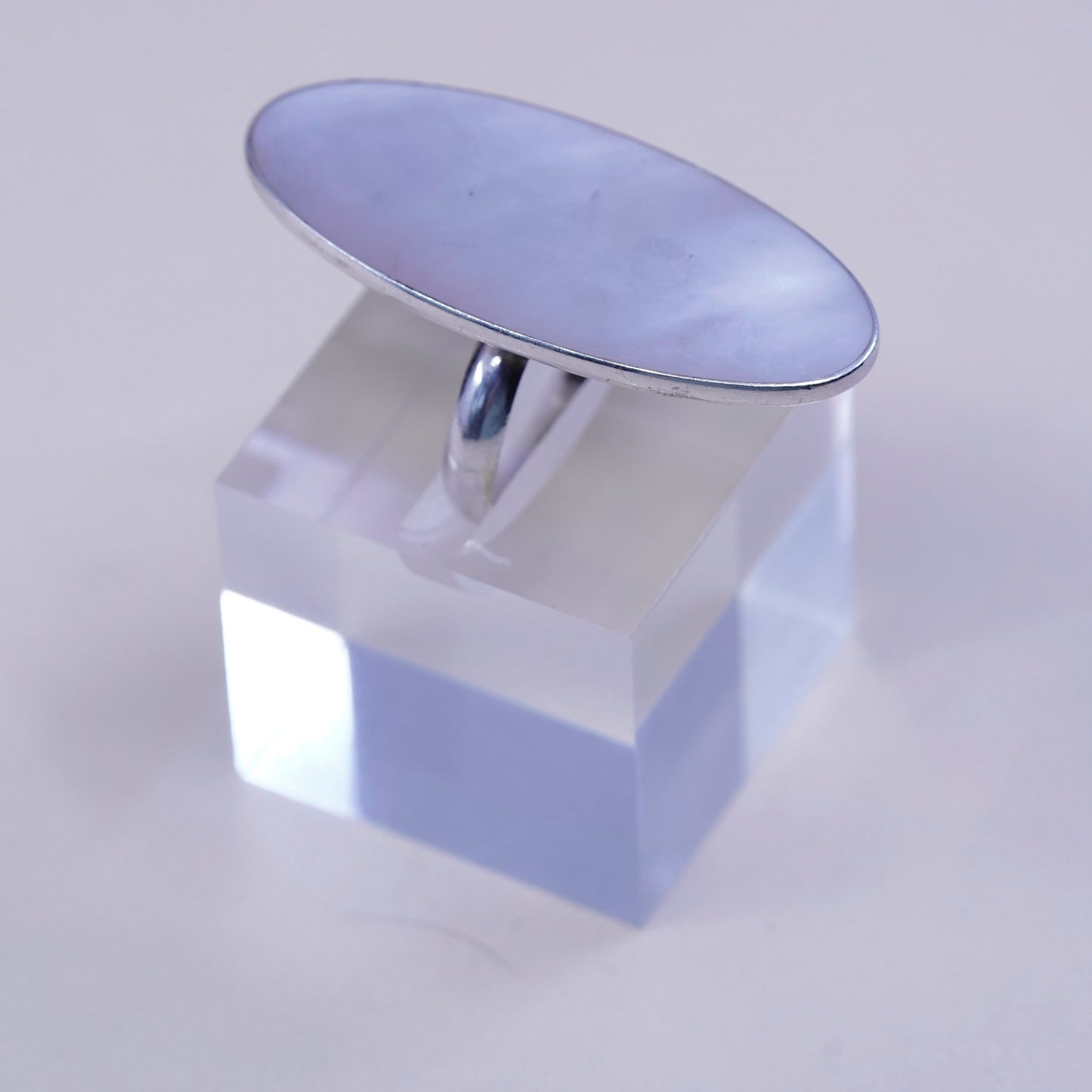 Size 7.25, sterling silver ring with oval mother of pearl, 925 statement ring