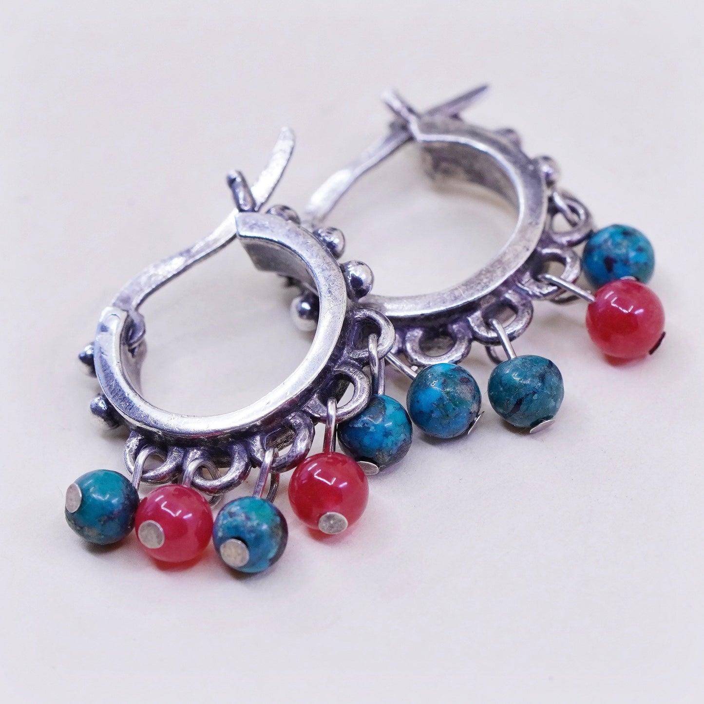 Sterling silver earrings, 925 hoops Huggie w/ cluster turquoise carnelian beads