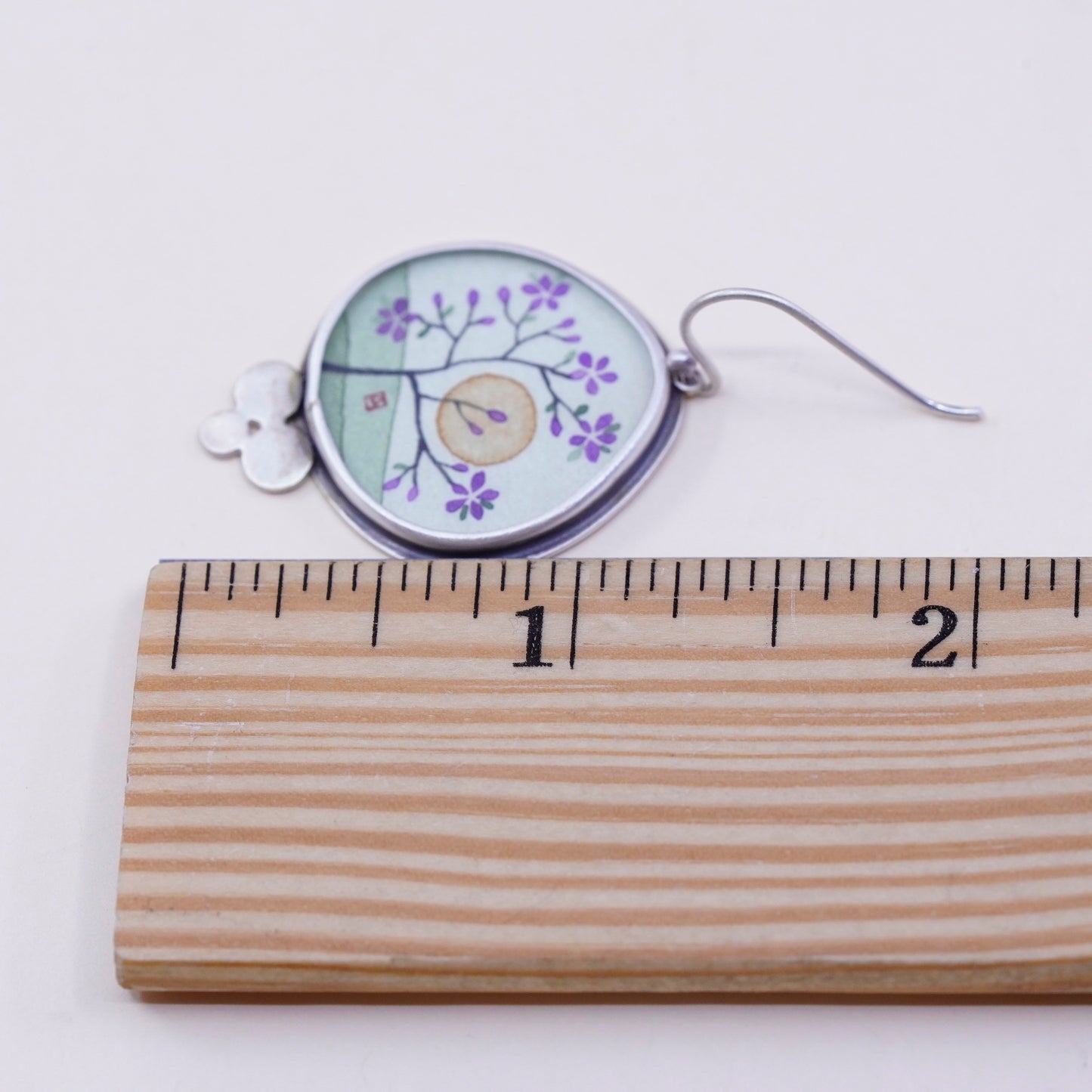 Designer Ananda KHALSA Sterling 925 silver handmade earrings, watercolor purple plum blossom flower with sun, stamped 925 A