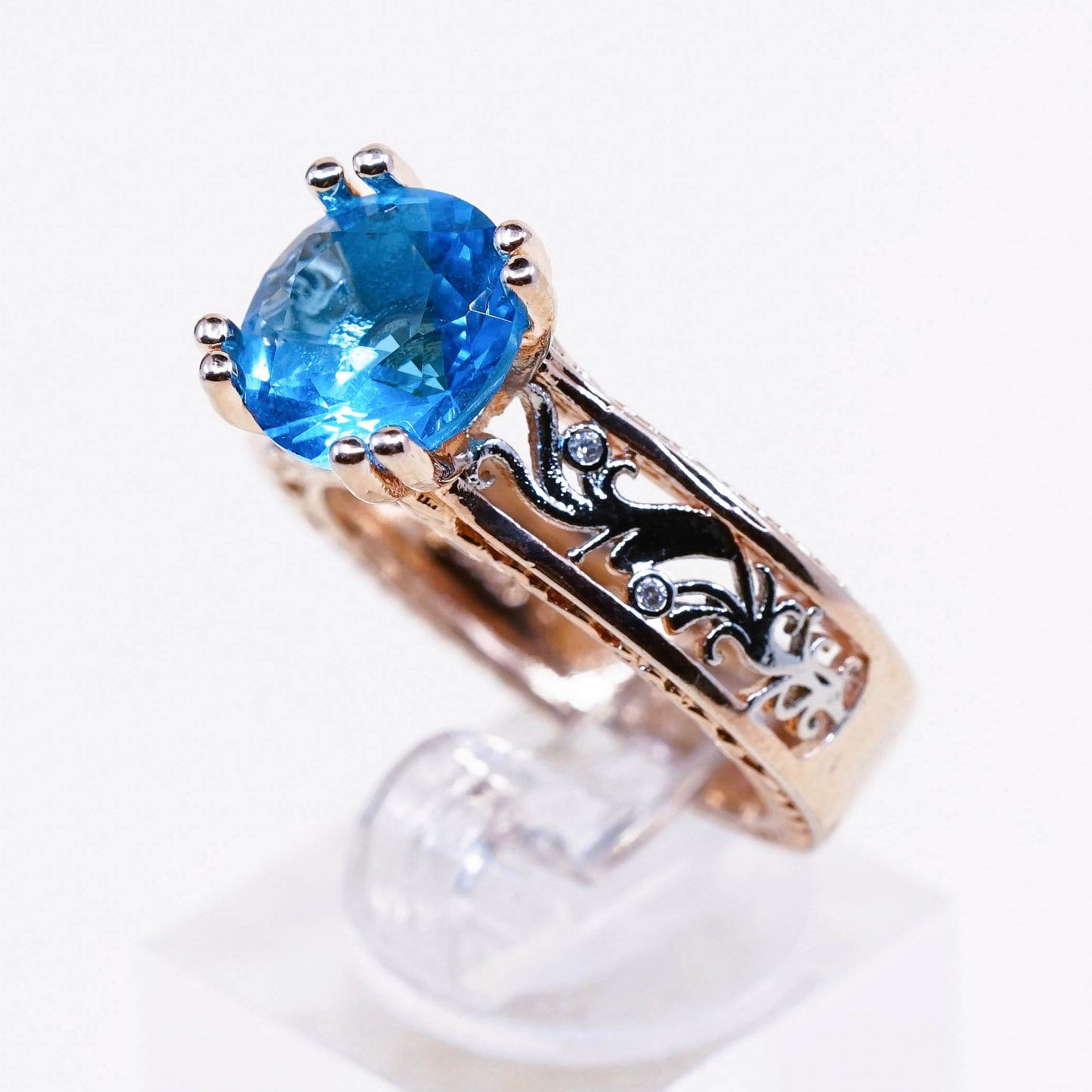 sz 8, Vermeil rose gold over Sterling silver ring, 925 w/ blue topaz N diamond