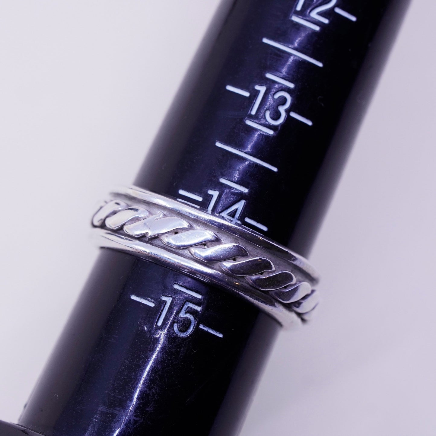 Size 14, vintage sterling silver handmade ring, 925 spinner roller band cable
