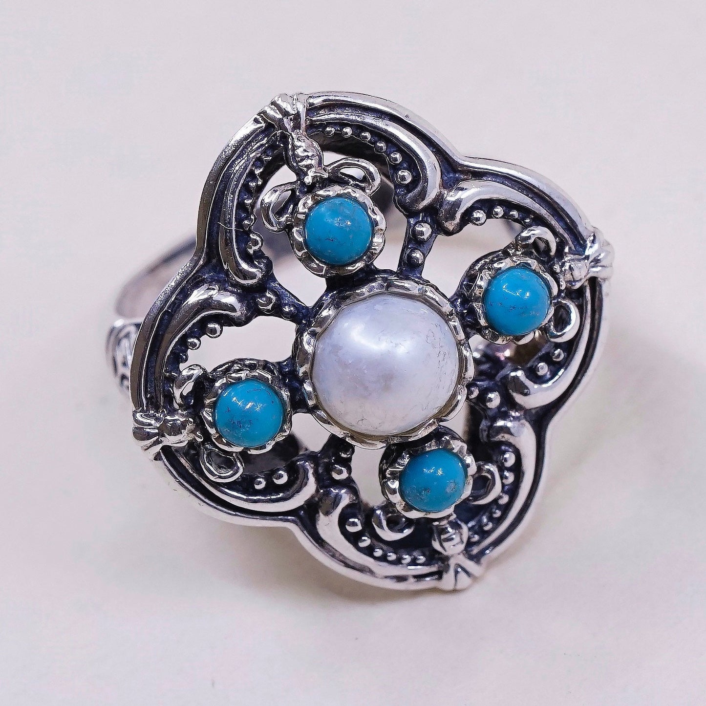 sz 9.5, vintage GSJ Sterling silver handmade ring, 925 w/ turquoise N pearl