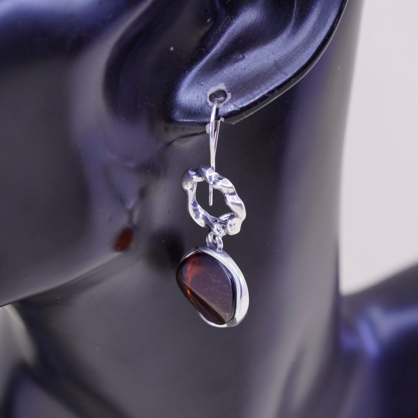 Vintage liquid Sterling silver handmade earrings, 925 circle with amber drops