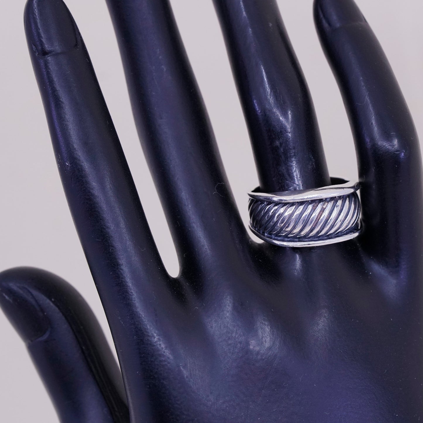 Size 9.25, vtg sterling silver handmade statement ring, 925 cable ribbed band
