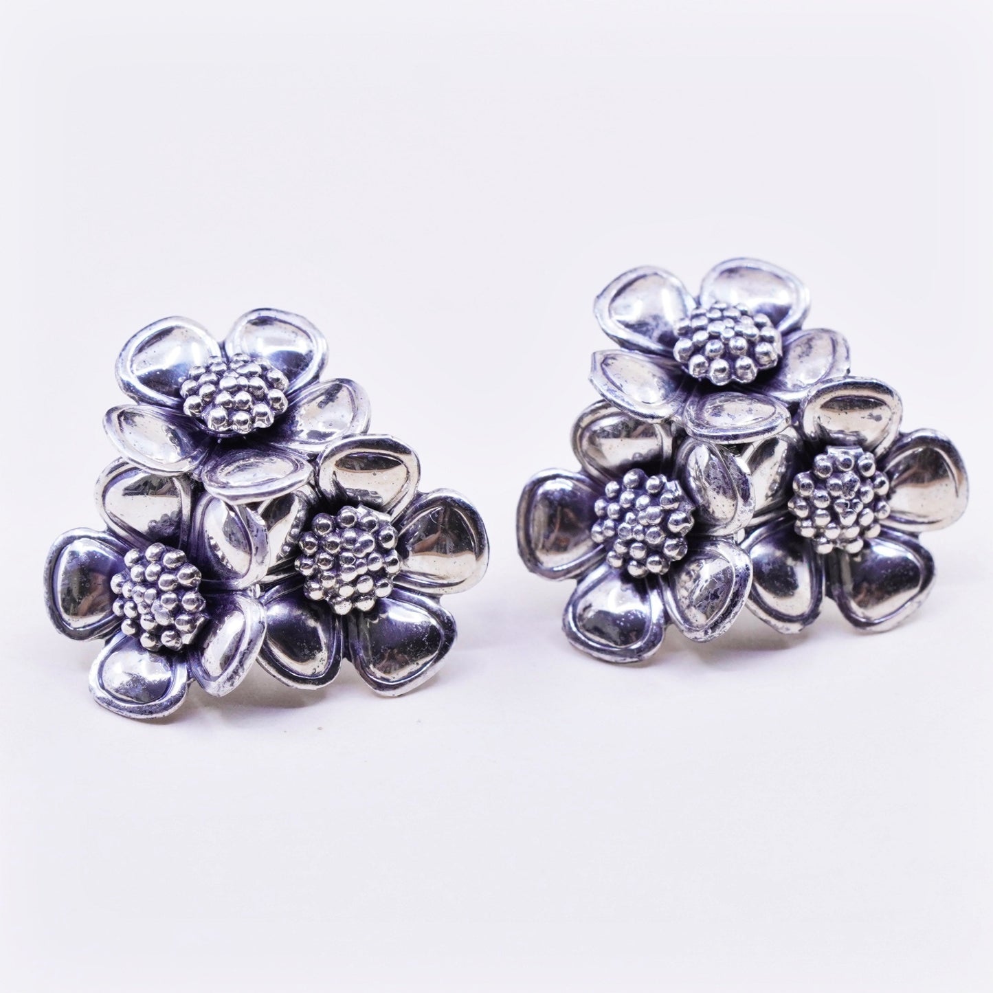 Vintage Sterling silver handmade earrings, 925 screw back flower earrings