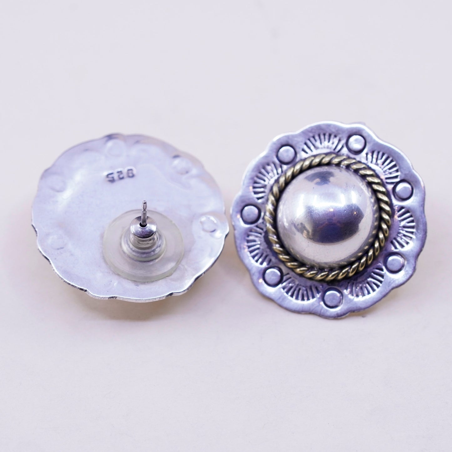 Vintage Mexico Sterling silver handmade earrings, 925 flower studs brass cable