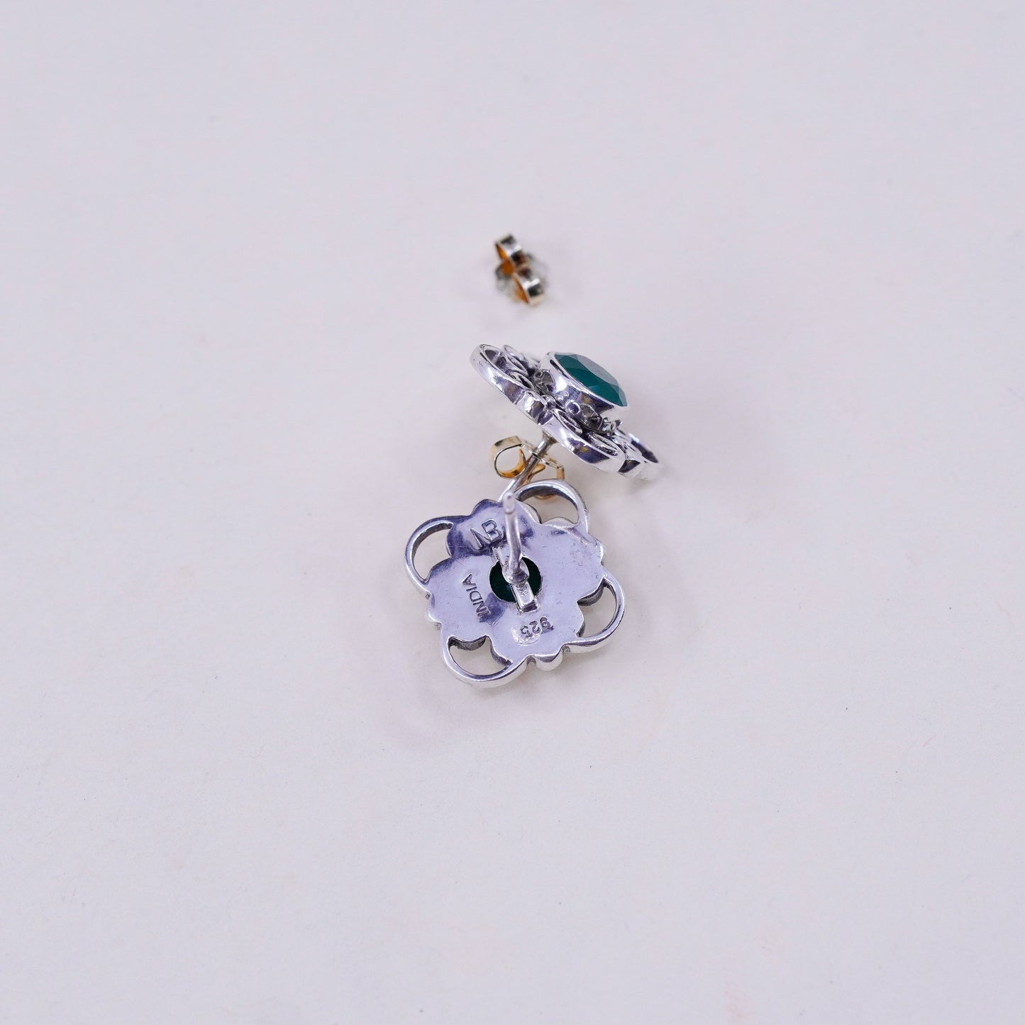Vintage sterling 925 silver studs, minimalist earrings with emerald