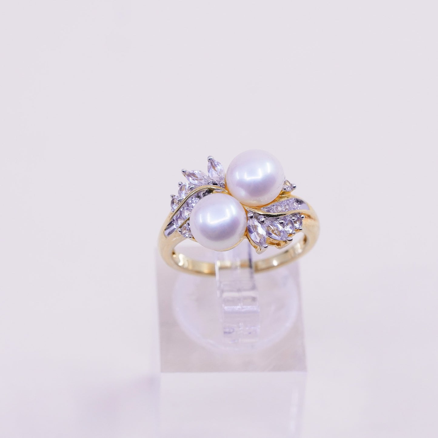 Size 7, vermeil gold filled sterling 925 silver engagement ring with pearl cz