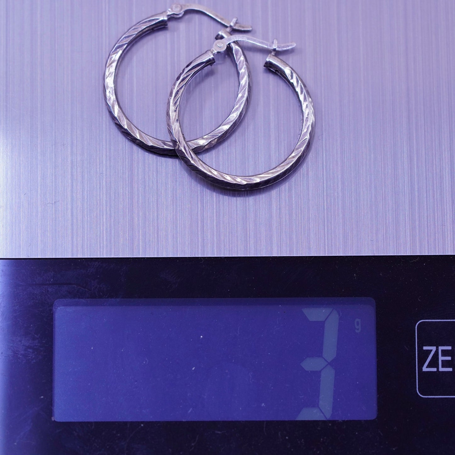 1”, vtg sterling silver loop earrings, textured fashion minimalist, 925 hoops