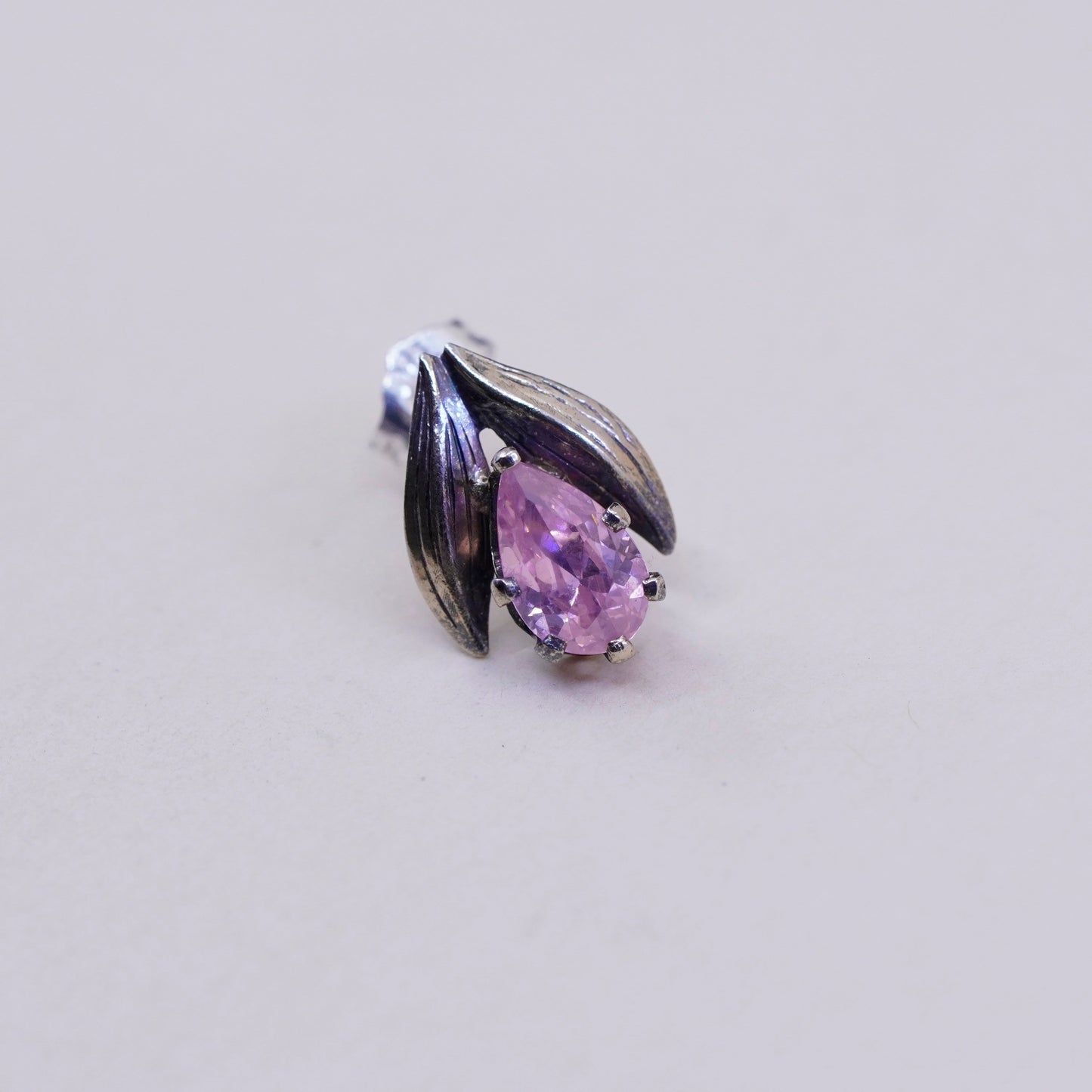 Vintage sterling 925 silver studs earrings with pink Cz and leaf
