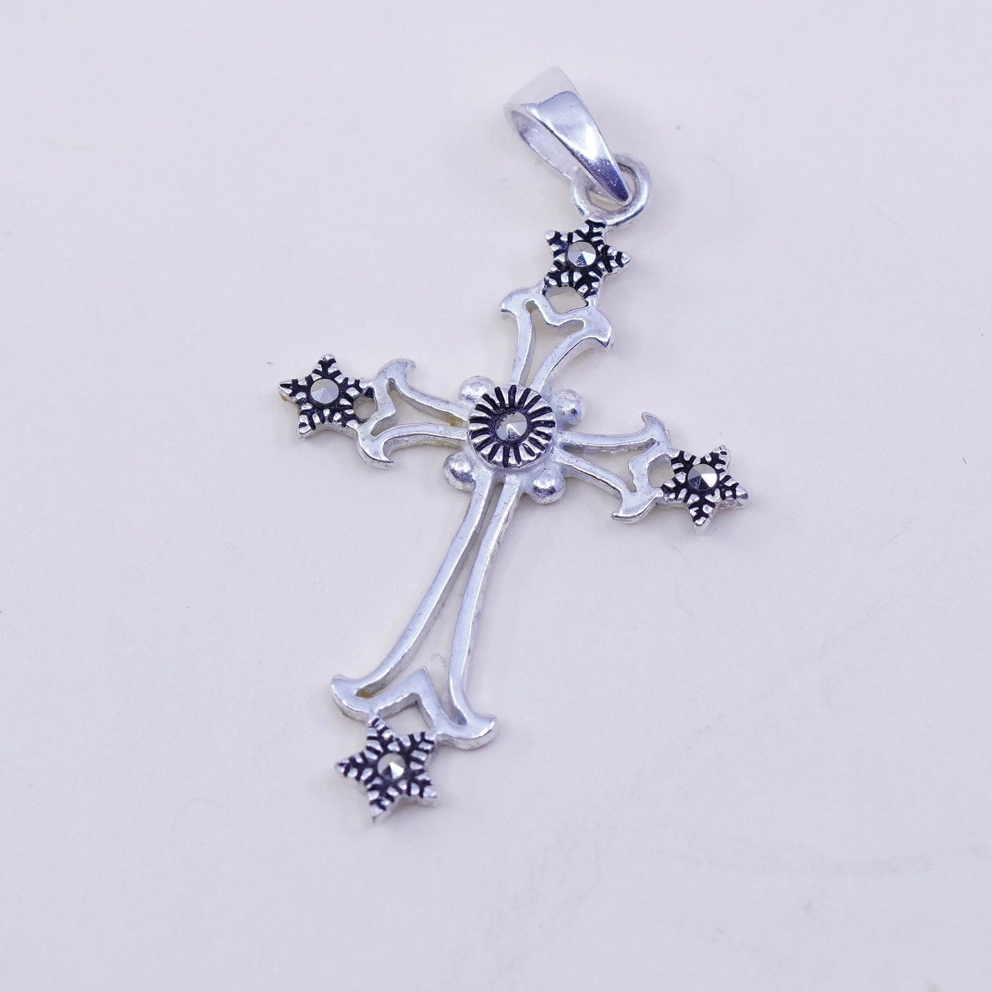 Vintage handmade sterling 925 silver cross pendant with marcasite