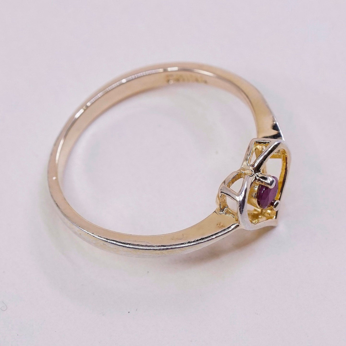 sz 8.25, VTG gold over sterling silver handmade ring, 925 heart with ruby