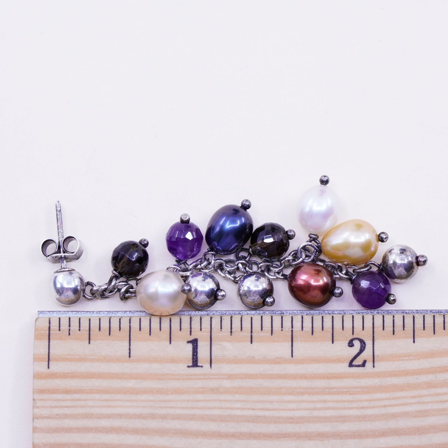 Vintage Italy Sterling 925 silver handmade earrings with cluster colorful pearl