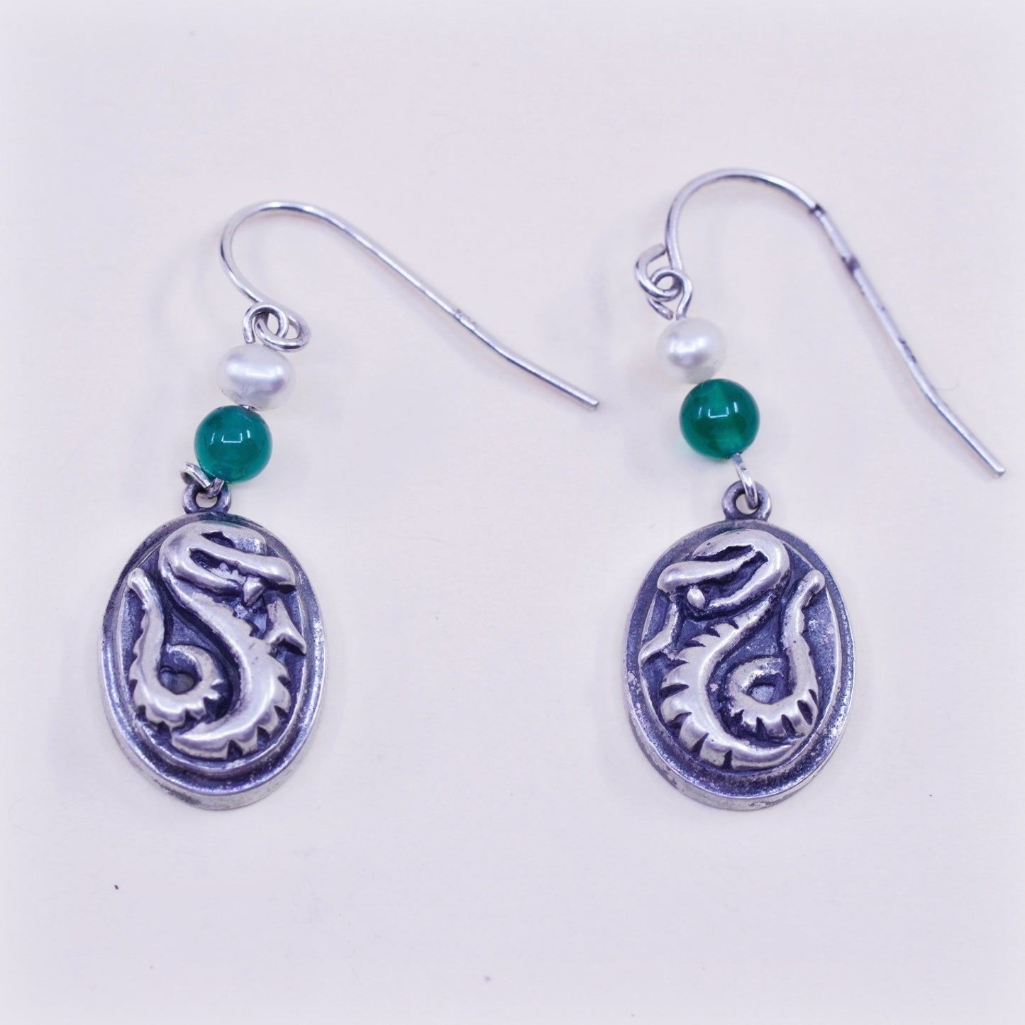 Vintage sterling silver handmade earrings, 925 snake drops with pearl