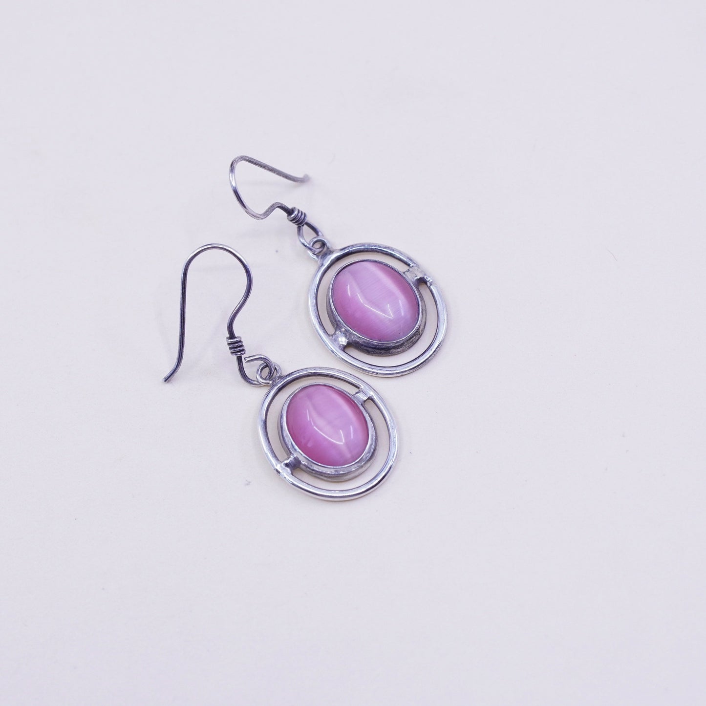 Vintage Sterling 925 silver handmade earrings with pink cats eye beads