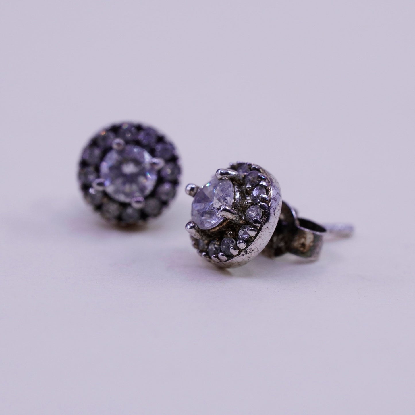 Vintage sterling silver round clear CZ studs, earrings