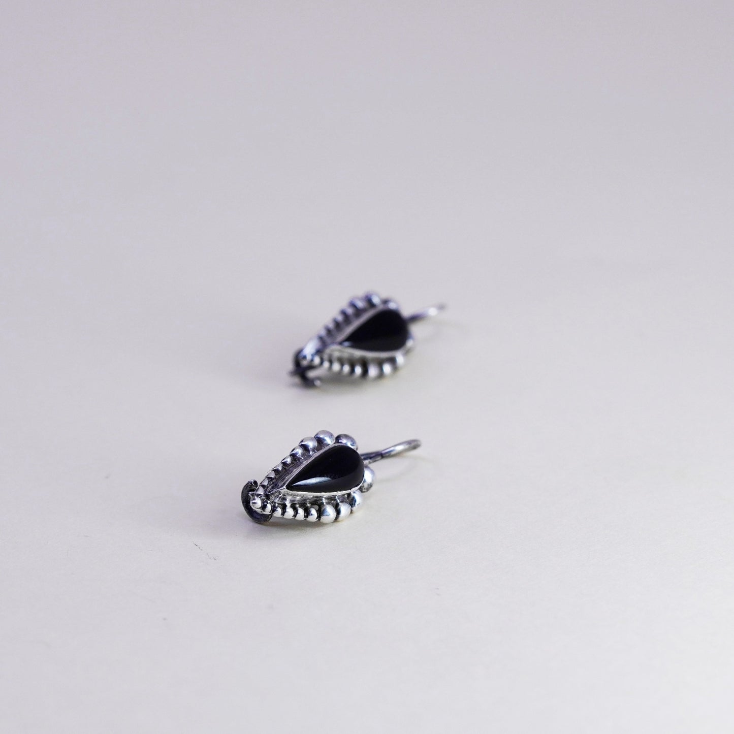 Vintage sterling 925 silver handmade earrings with teardrop onyx and beads