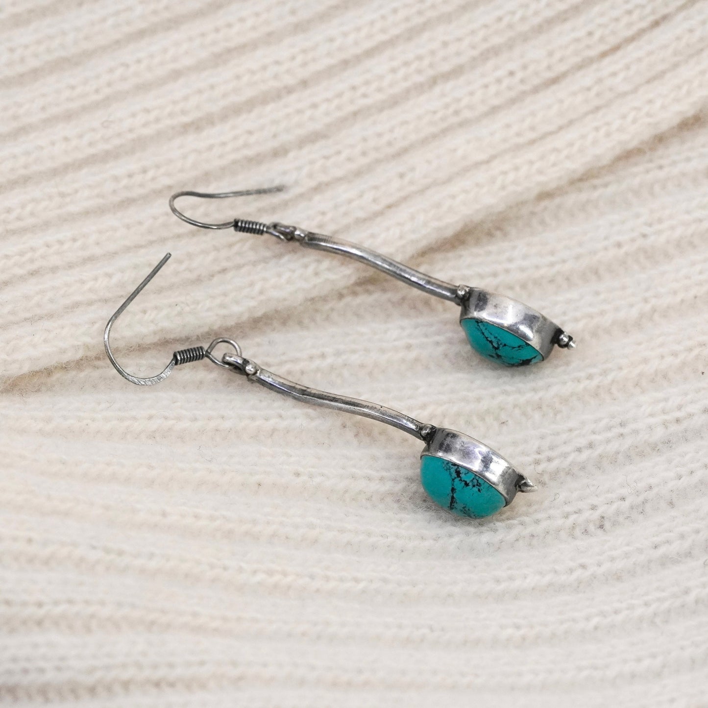 Vintage Sterling silver handmade earrings, 925 wavy drops with turquoise