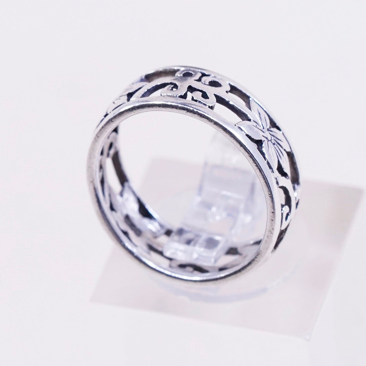 sz 4.75, vtg sterling silver handmade ring, 925 band w/ floral filigree