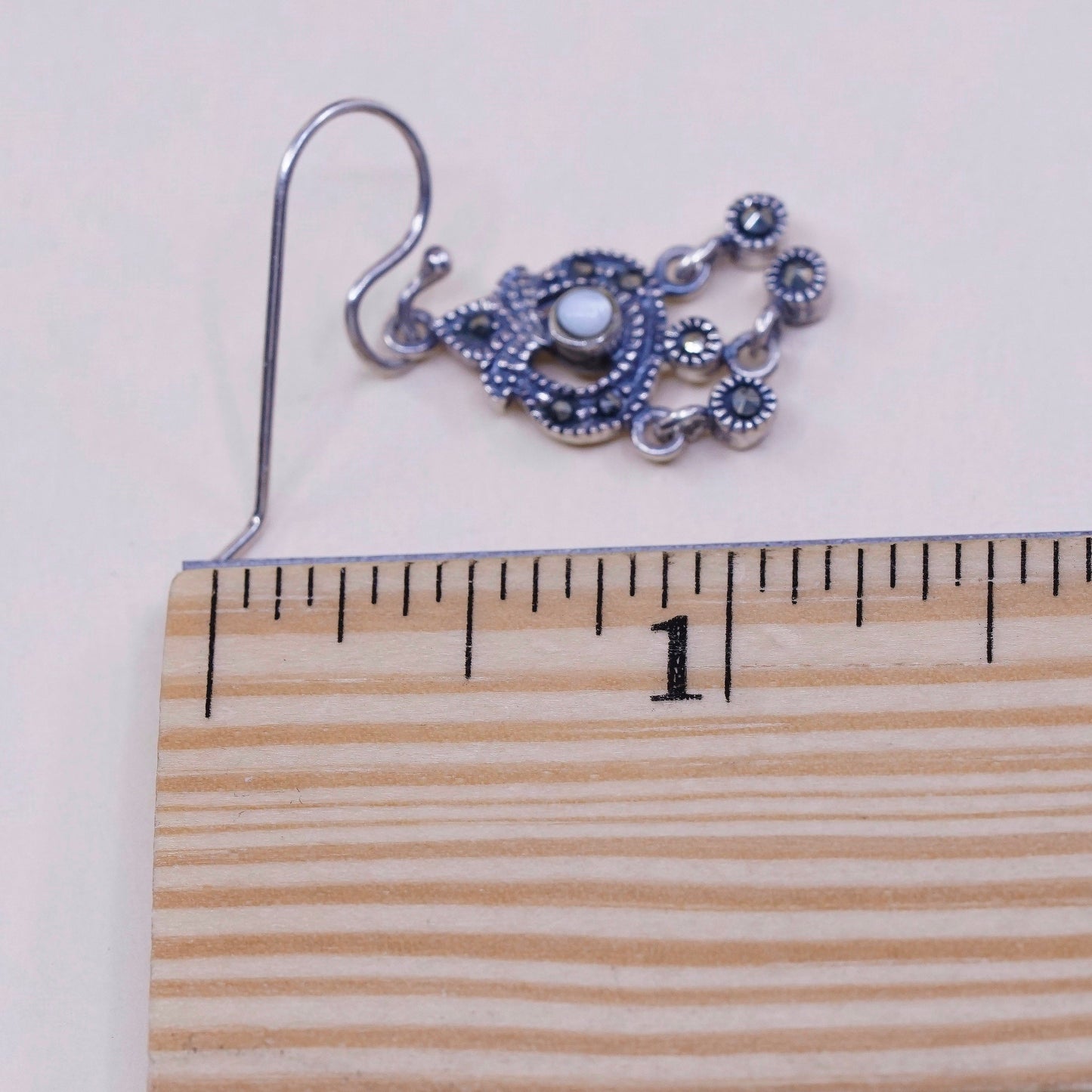 vtg Sterling silver handmade earrings, 925 drops w/ mother of pearl N marcasite