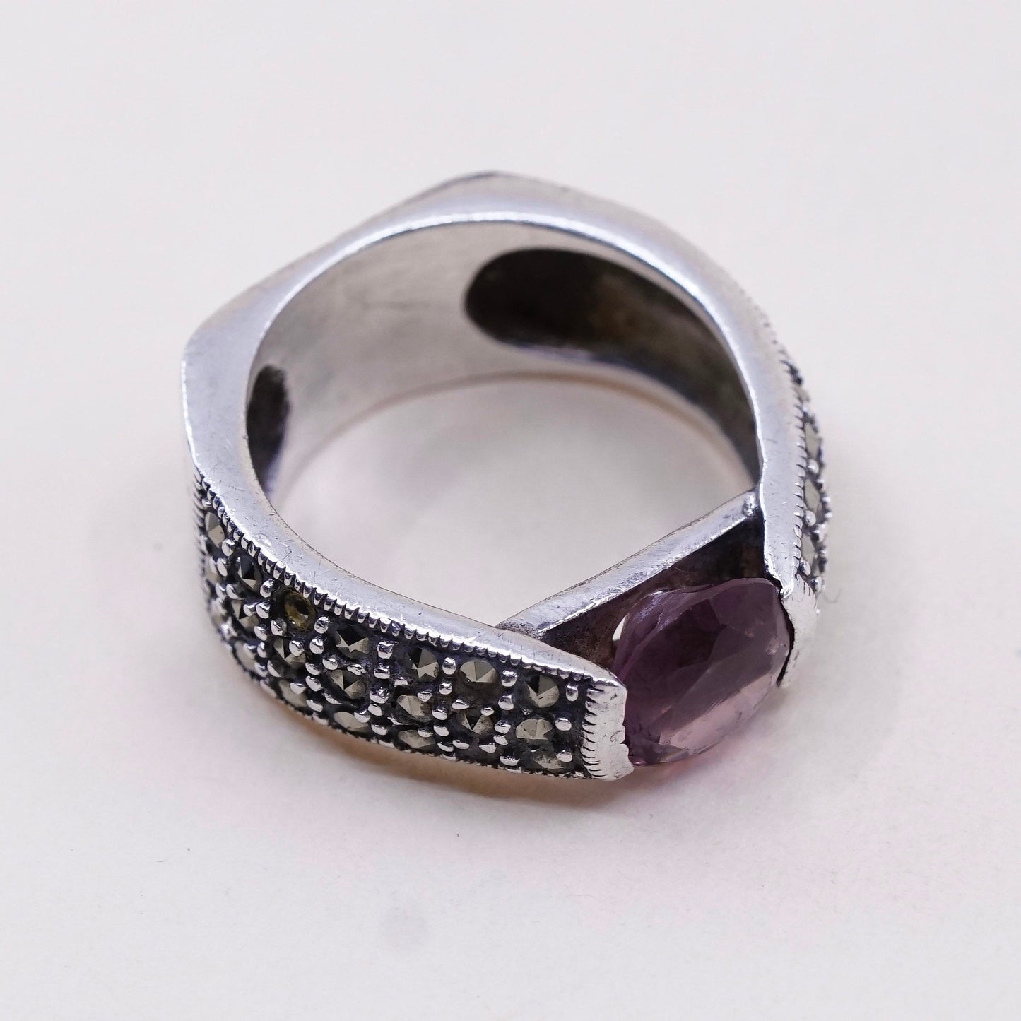 sz 5.5, Vintage sterling 925 silver handmade ring with amethyst and marcasite