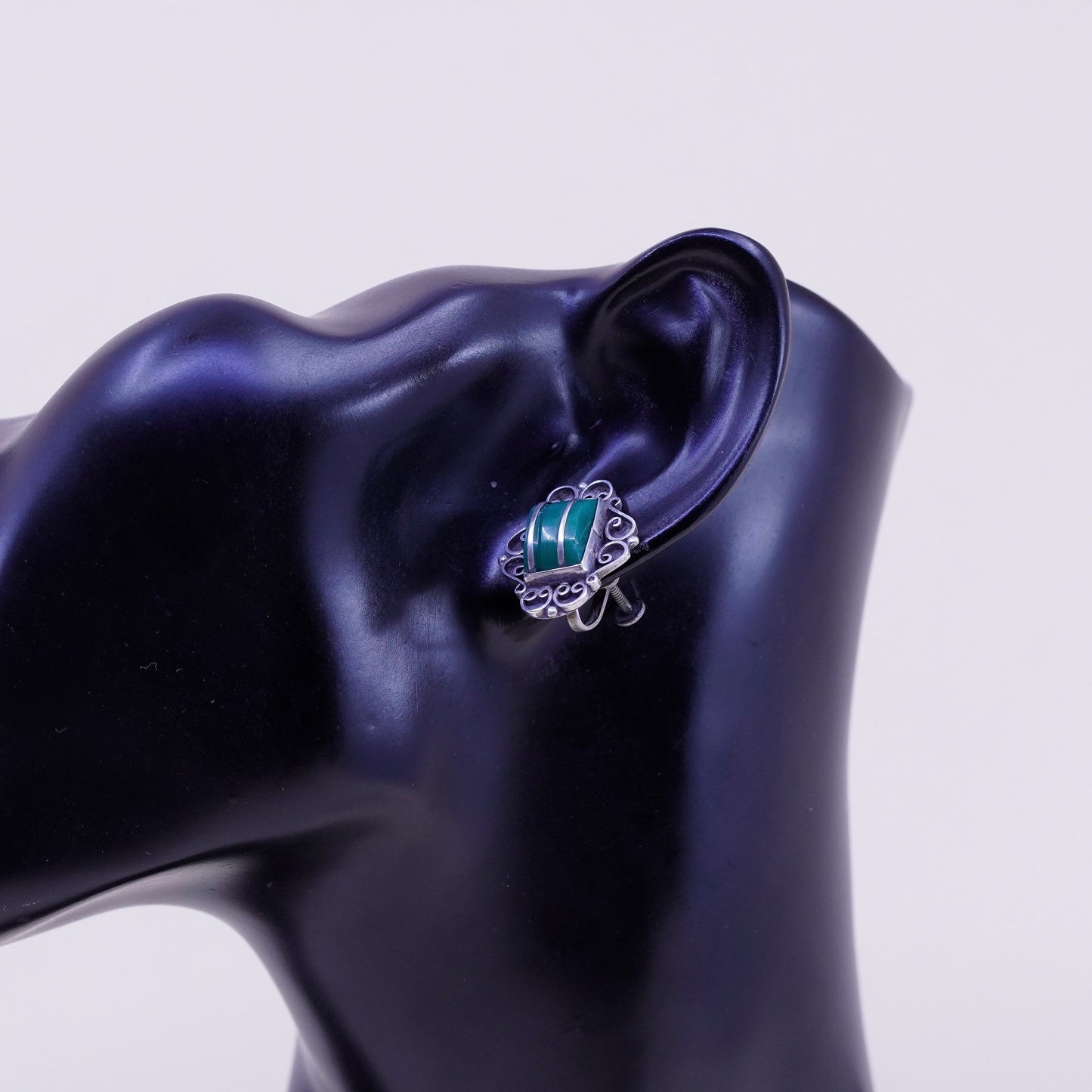 Vintage sterling 925 silver handmade screw back earrings with jade inlay