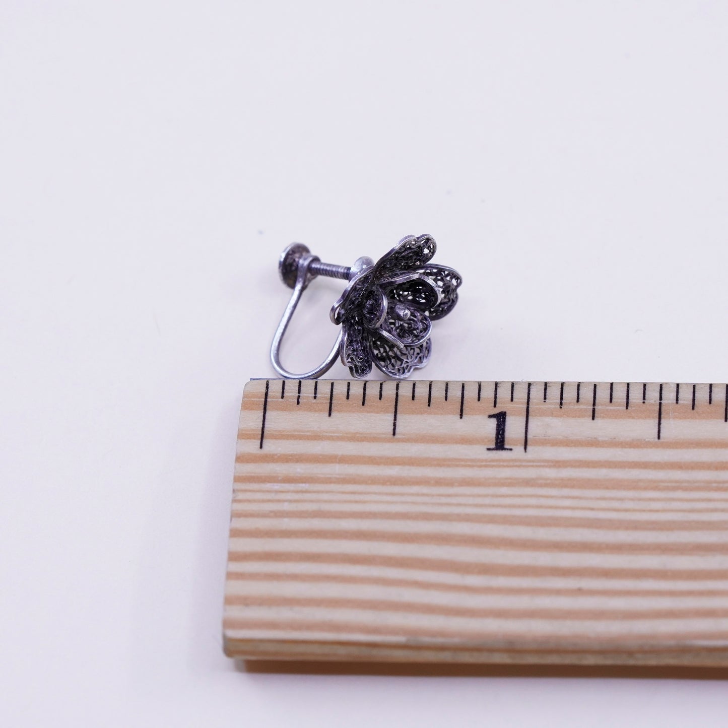 1950s Vintage sterling silver earrings, 925 filigree flower screw back earrings