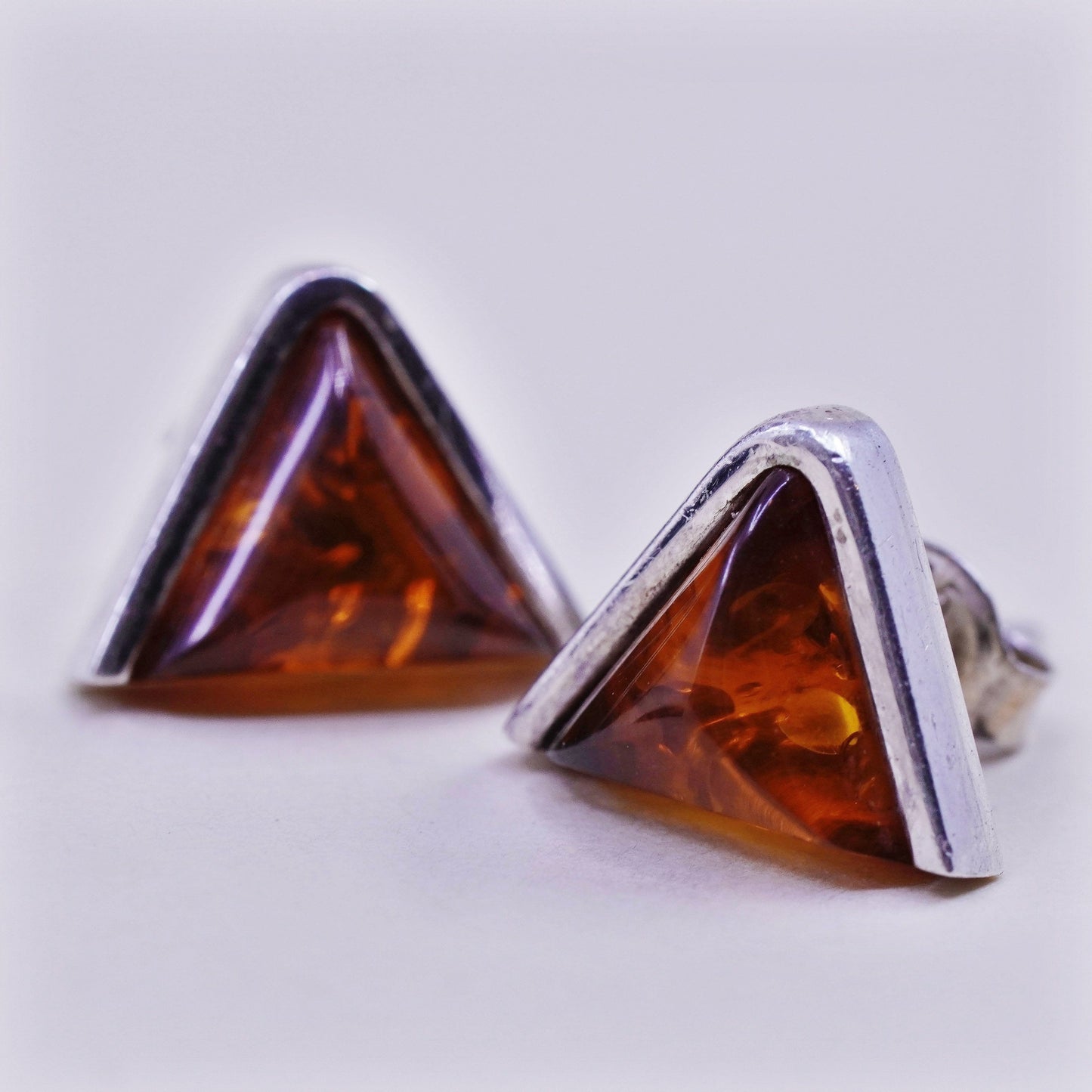 Sterling 925 silver handmade earrings triangular Amber studs, southwestern