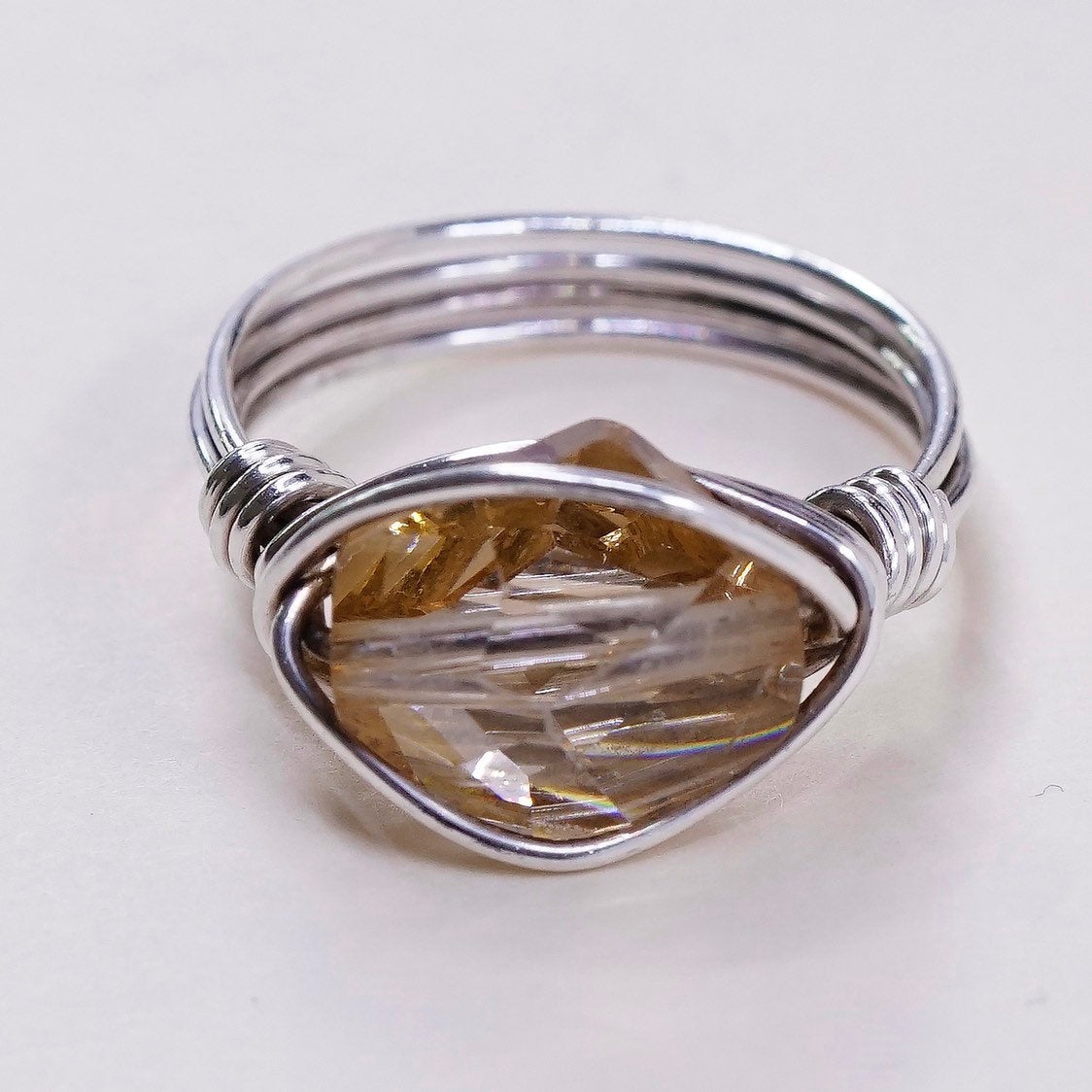 sz 6.75, sterling silver handmade ring, 925 wired ring w/ citrine glass