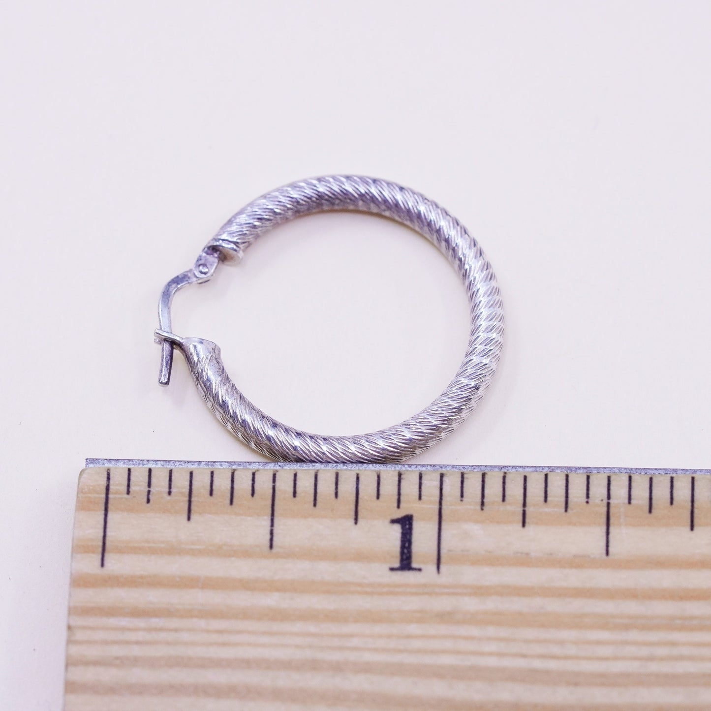 1” Vintage sterling silver loop earrings, textured primitive hoops