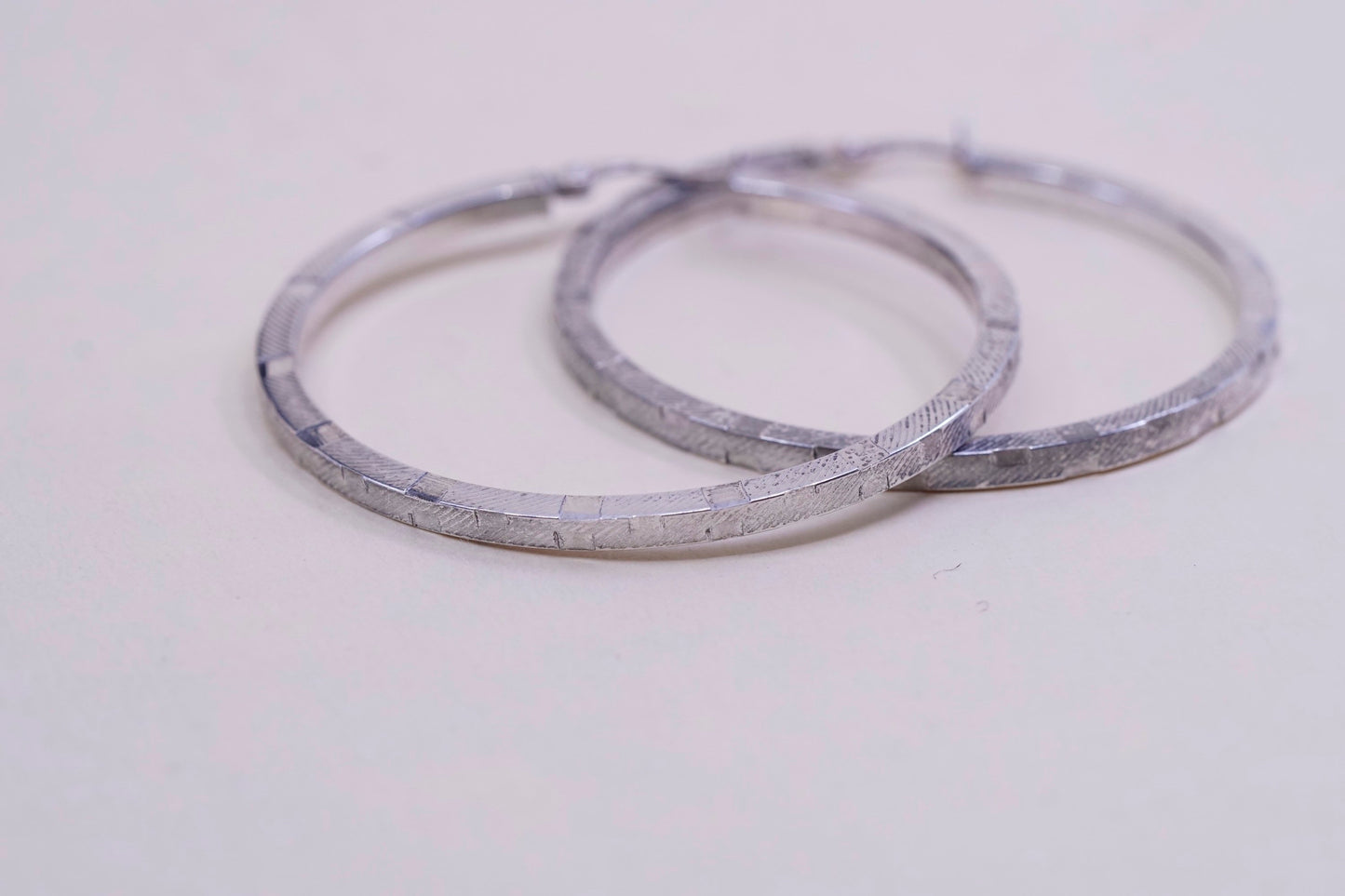 1.75”, vtg sterling silver loop earrings, textured minimalist primitive hoops