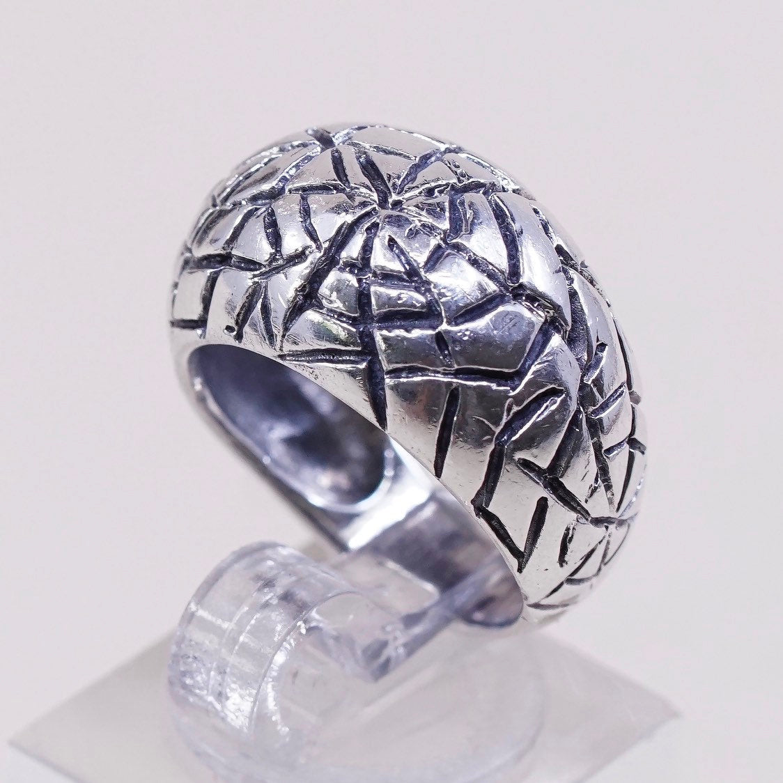 sz 4.75, vtg sterling silver handmade ring, 925 band w/ spiderwebbed textured