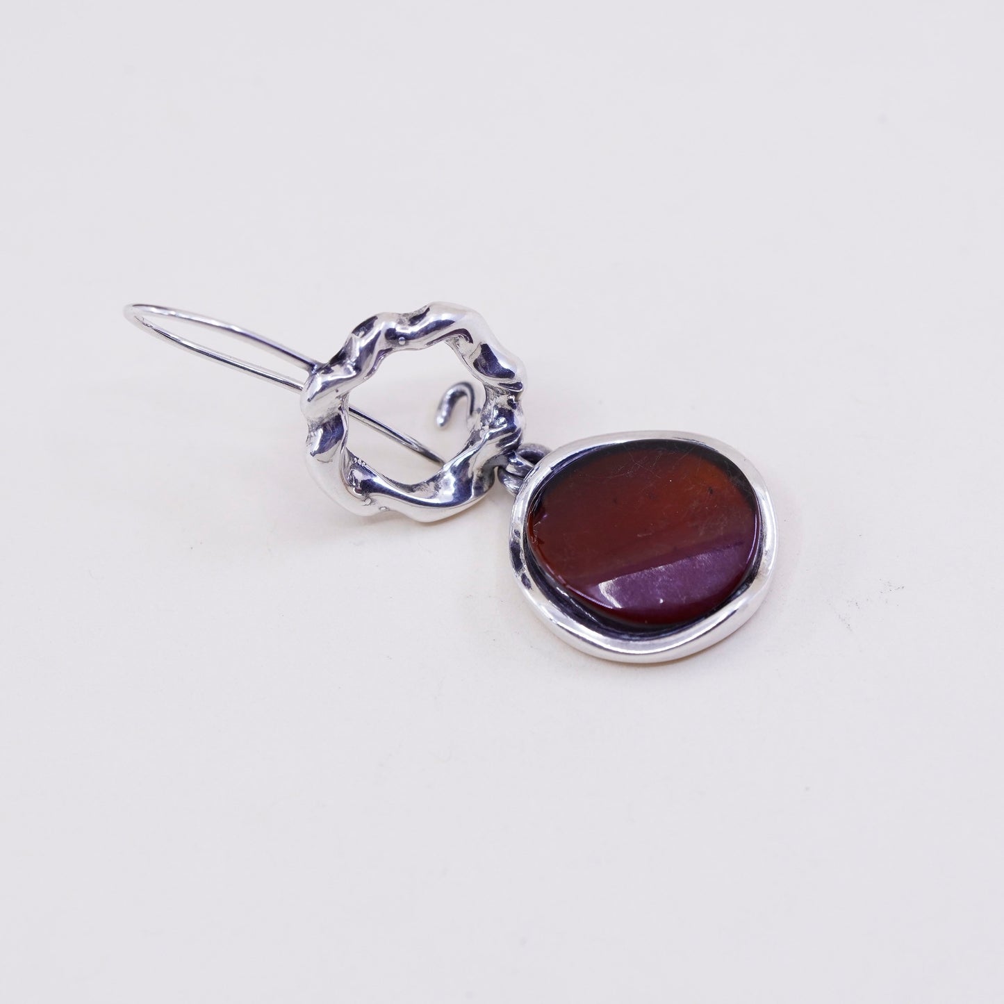 Vintage liquid Sterling silver handmade earrings, 925 circle with amber drops