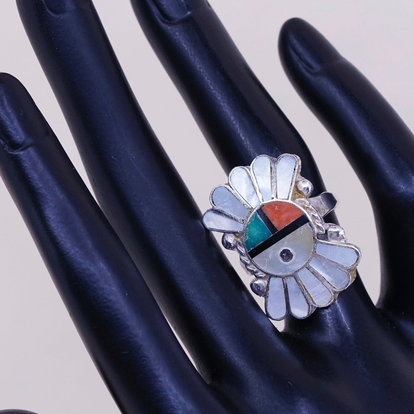 sz 6, sterling silver handmade 925 w/ coral N turquoise, Zuni Tewa sun ring