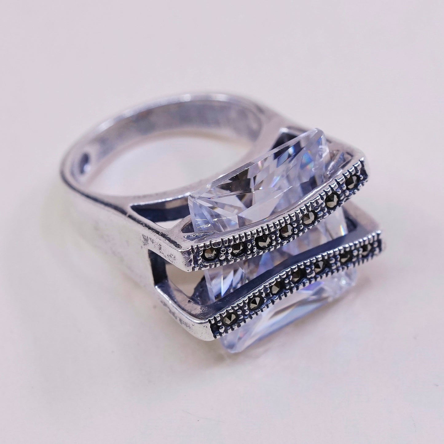 sz 4.75, vtg Sterling silver handmade cocktail ring w/ CZ and marcasite