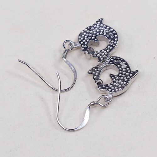 Vintage Sterling 925 Silver Handmade Dolphin dangle earrings W/ Opal Inlay