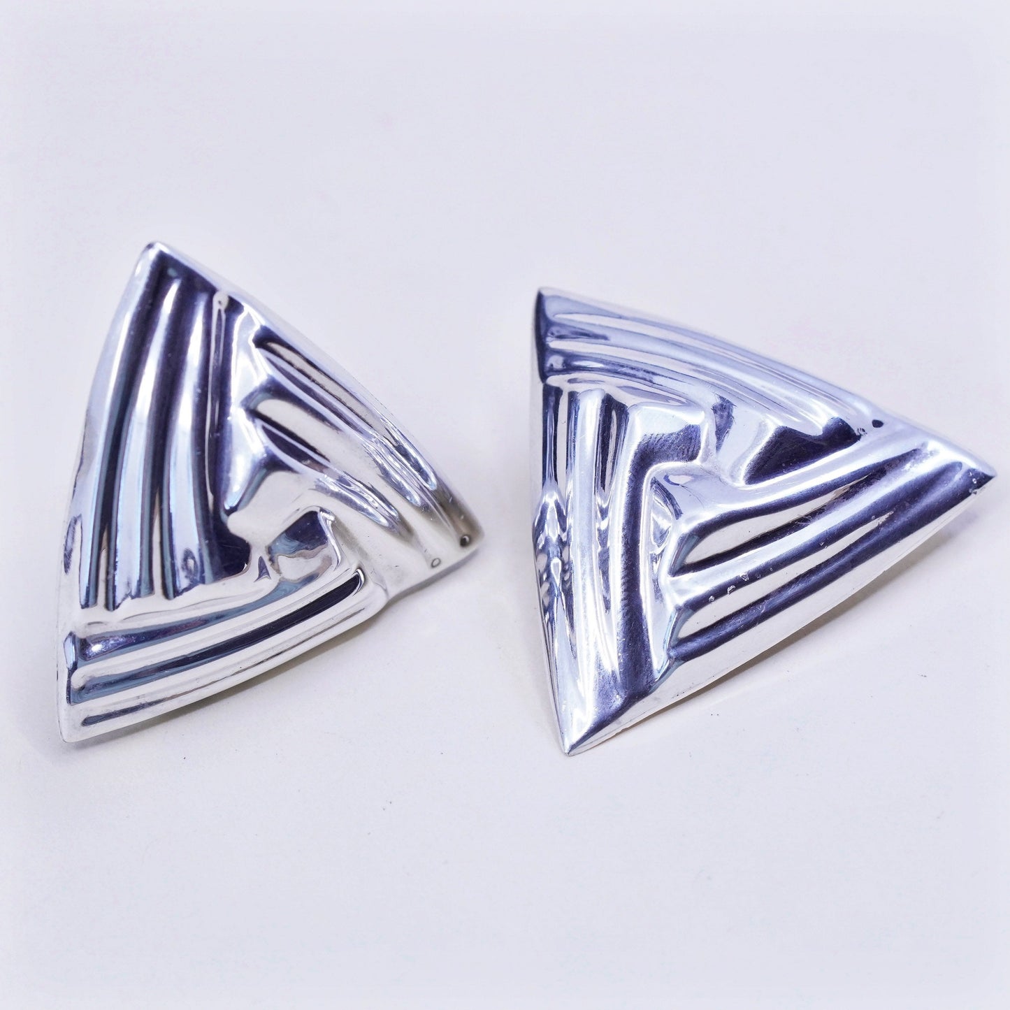 vintage Modern handmade Sterling clip on, 925 triangular Ribbed earrings