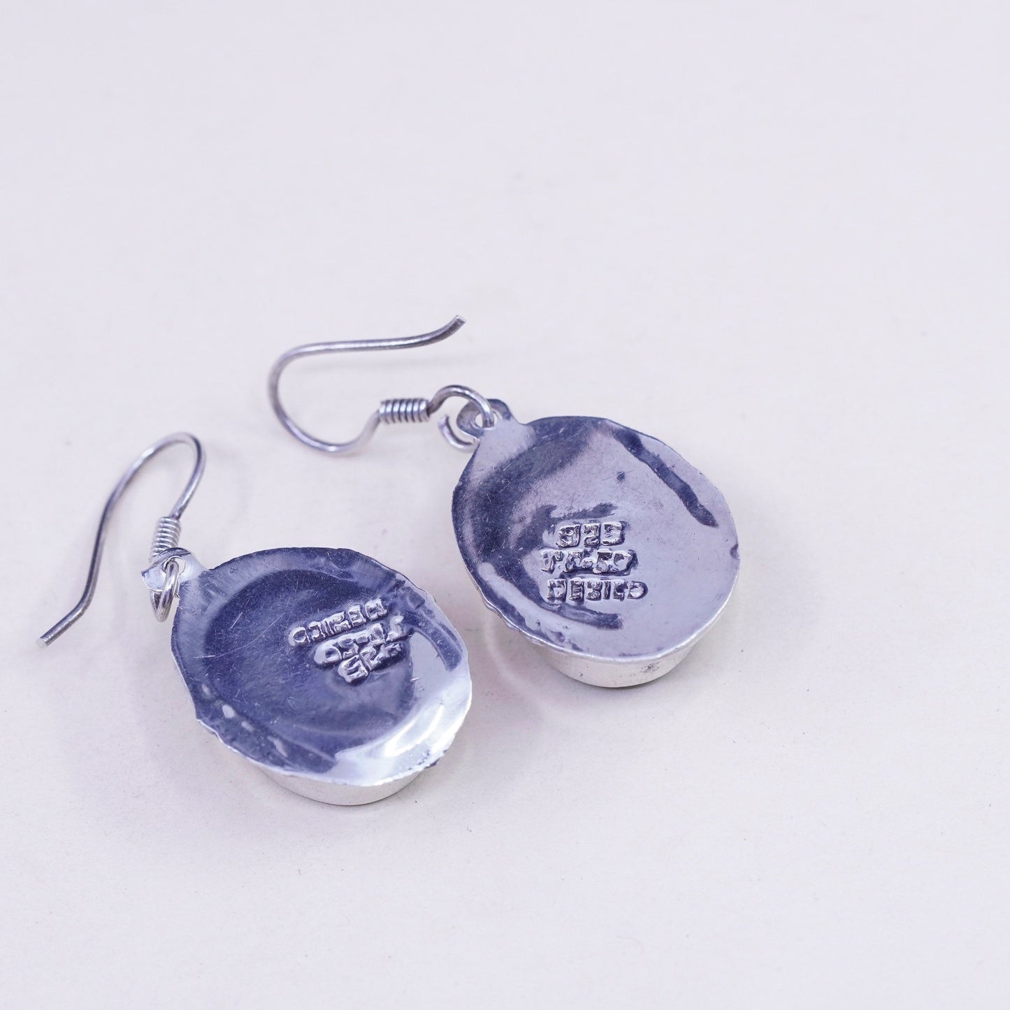 Vintage Mexico sterling 925 silver handmade earrings with oval malachite